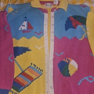 Colorful Vintage Nautical, BeachThemed Cardigan. Hand Knit.